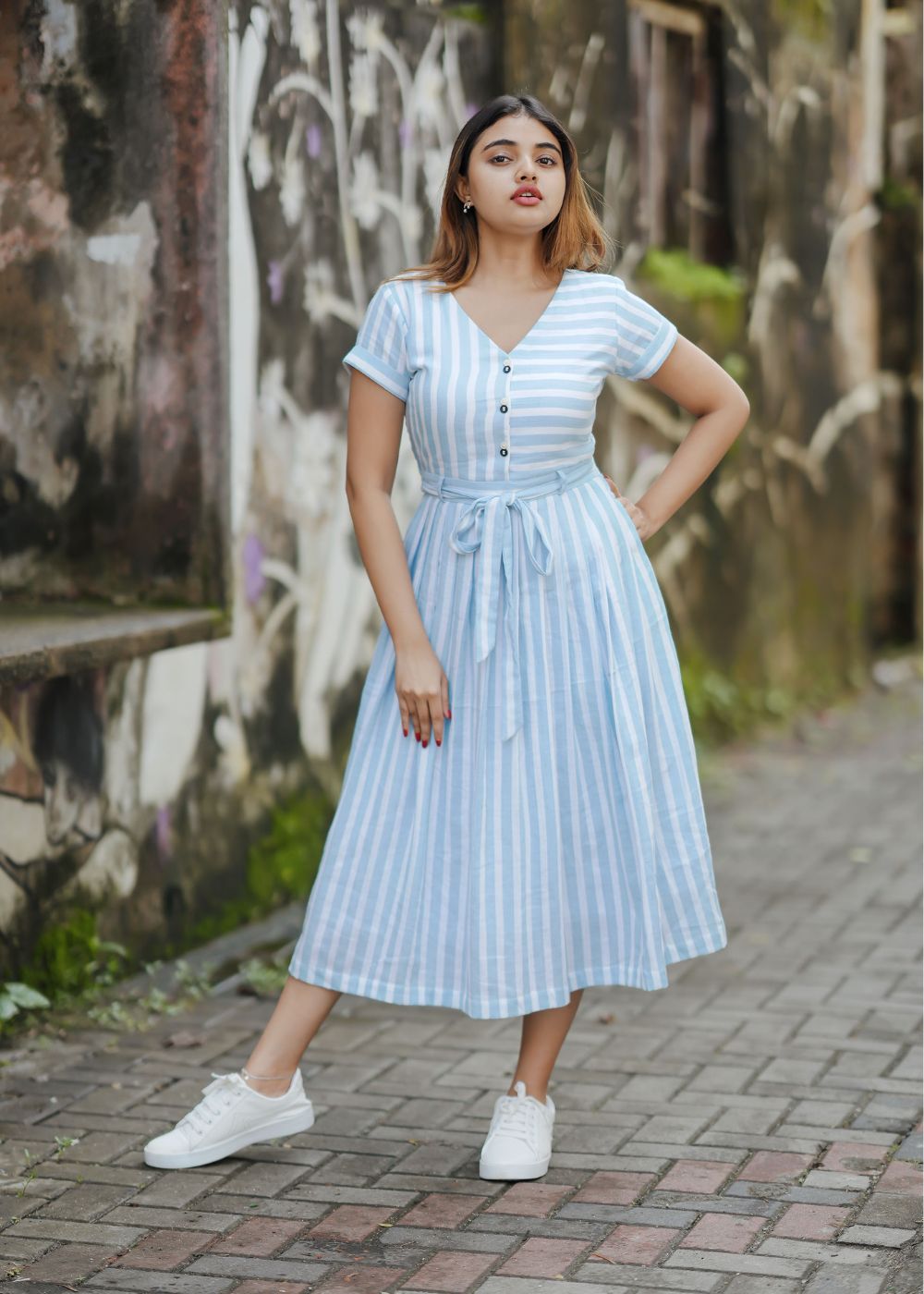 Women's blue & white striped aline dress