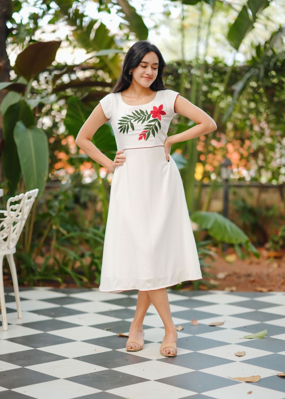 Women's off white & green, red hand embroidery dress