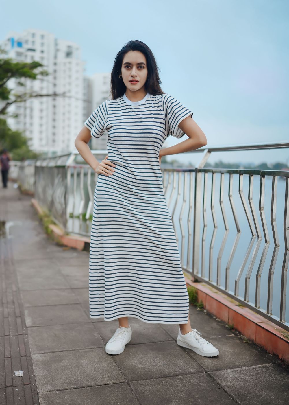 Women's white & black striped cotton dress
