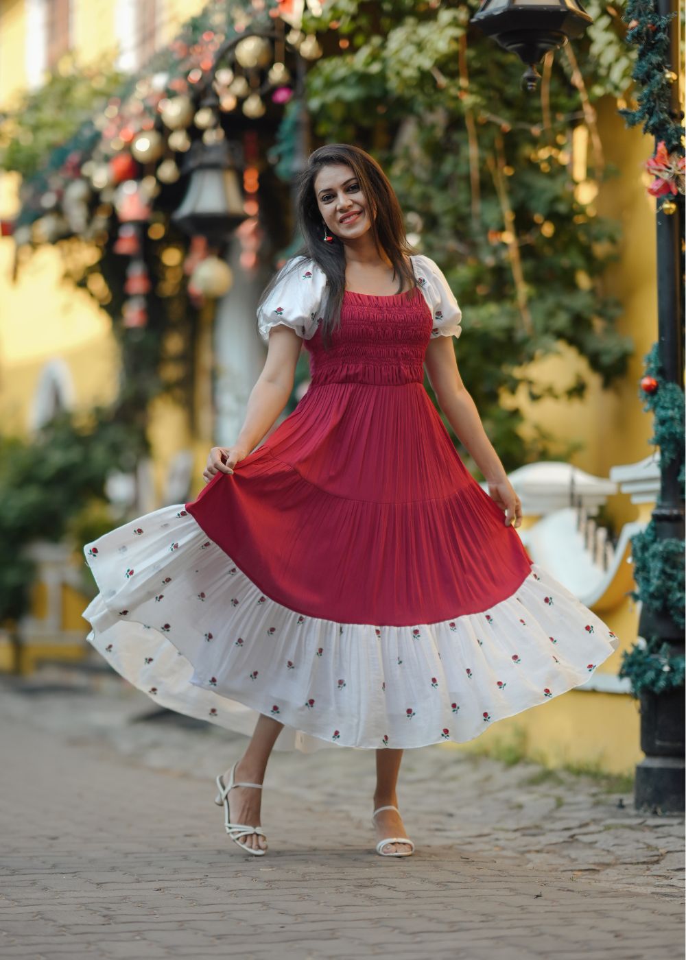 Women's red & white floral hand embroidery dress