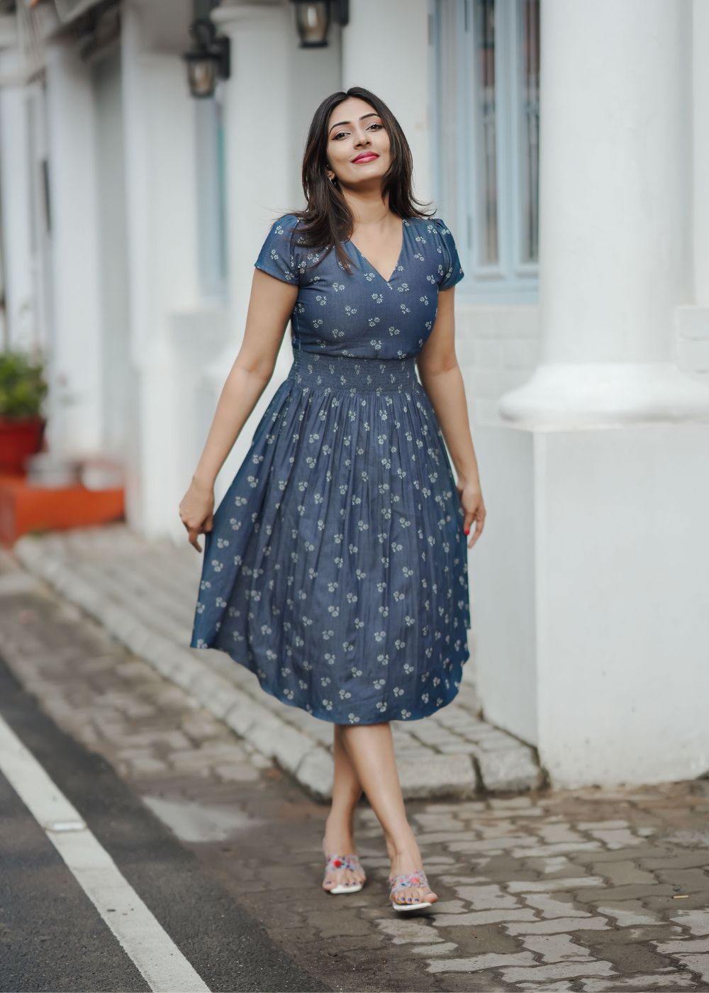 Women's denim blue floral dress