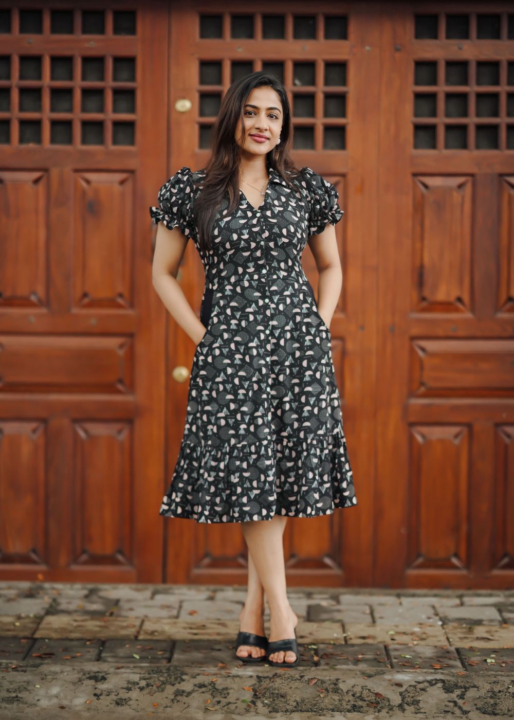 Women's black & pink, white geometric dress