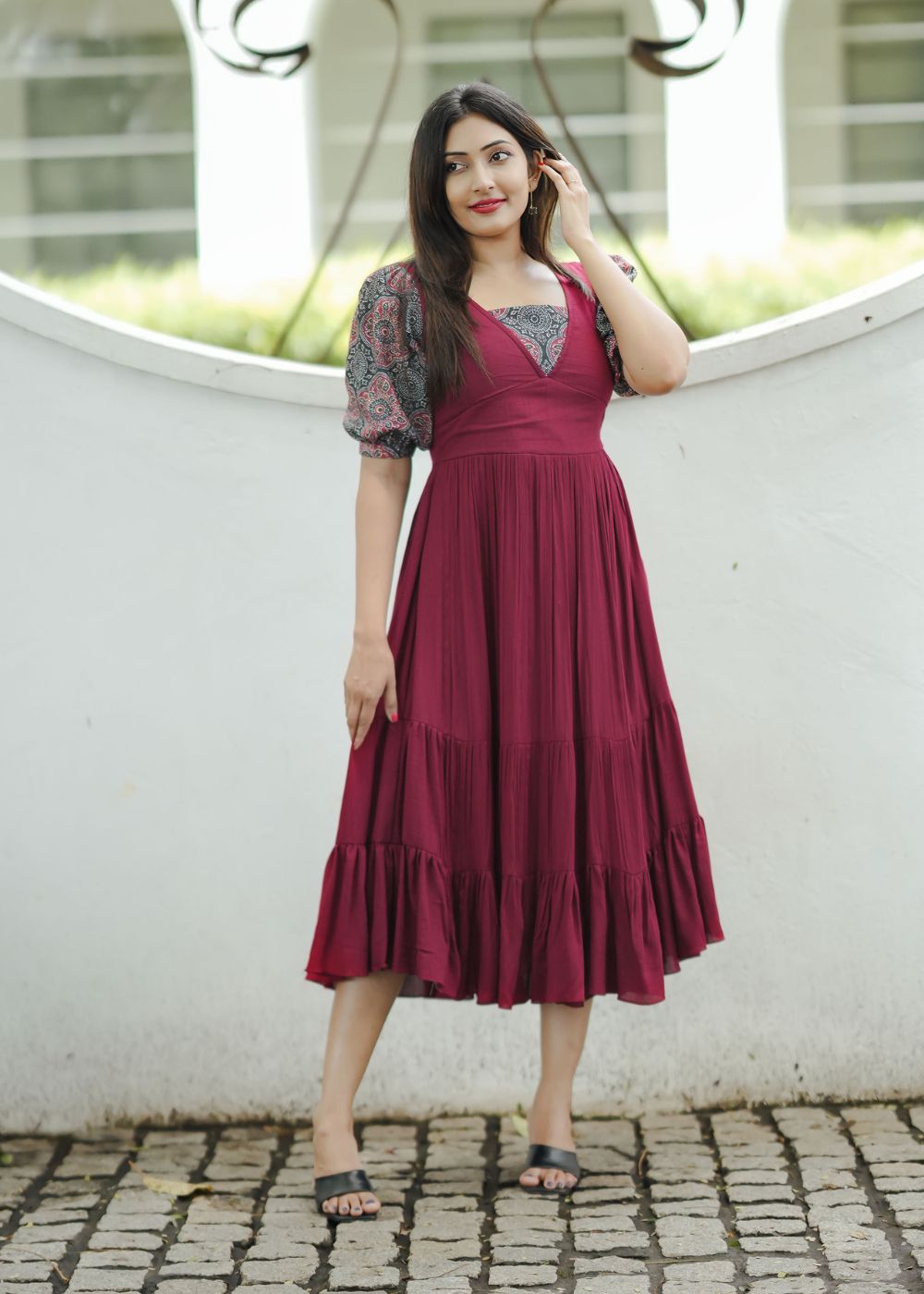 Women's maroon & black, multicolour floral dress Women's maroon & black, multicolour floral dress