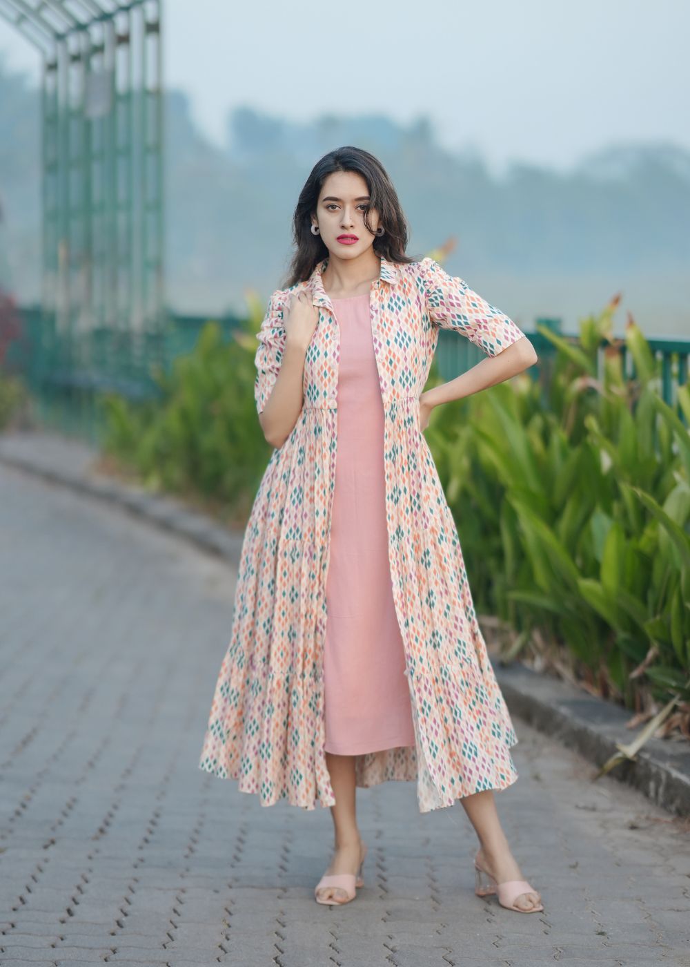 Women's cream peach, multicolour long shrug dress