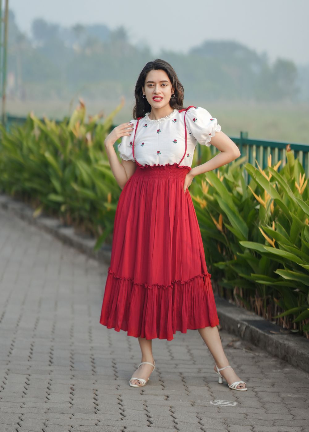 Red Hearts Red And White Dress For Women Women's Red White Linen Embroidery Dress Red Hearts Red And White Dress For Women Women's Red White Linen Embroidery Dress