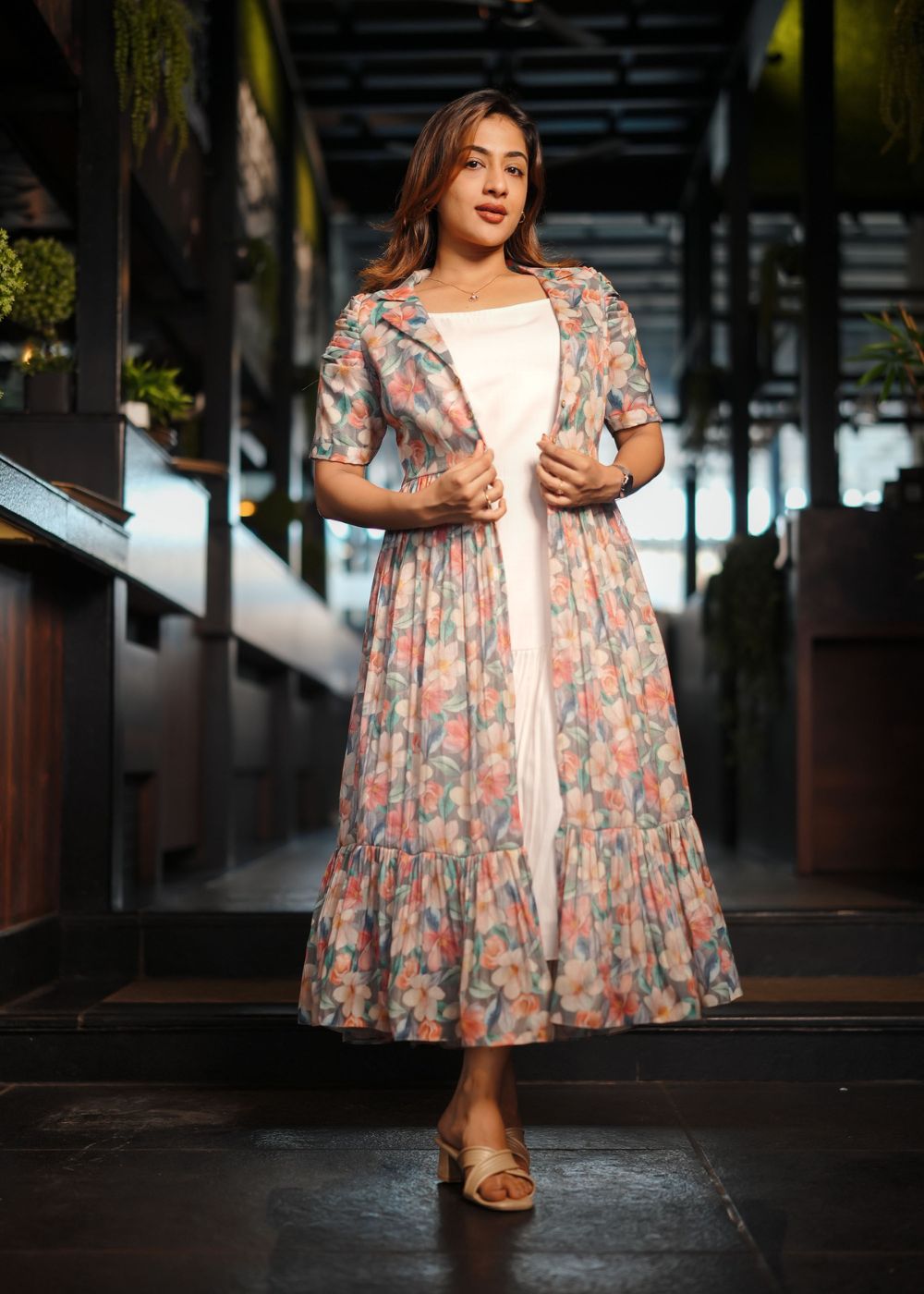 Women's cream & grey, multicolour long shrug dress