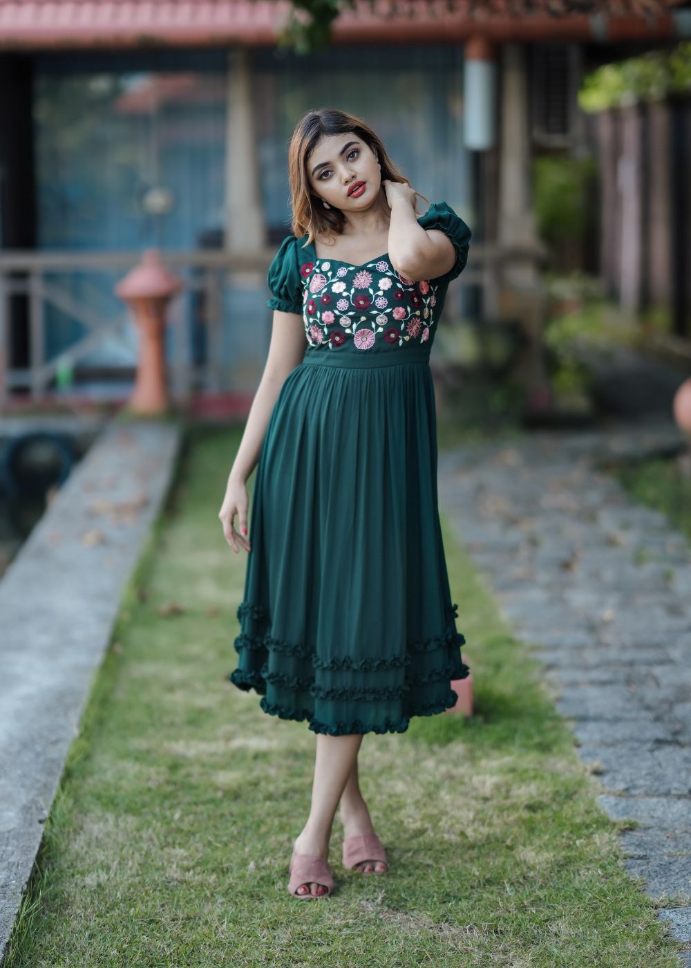 Women's bottle green multicolour embroidery dress