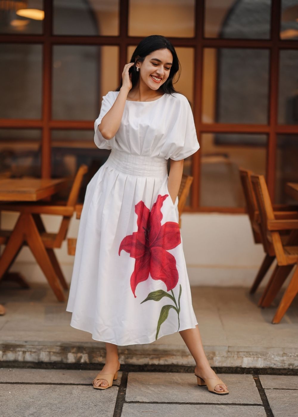 white dress red floral Women's white & red floral linen dress