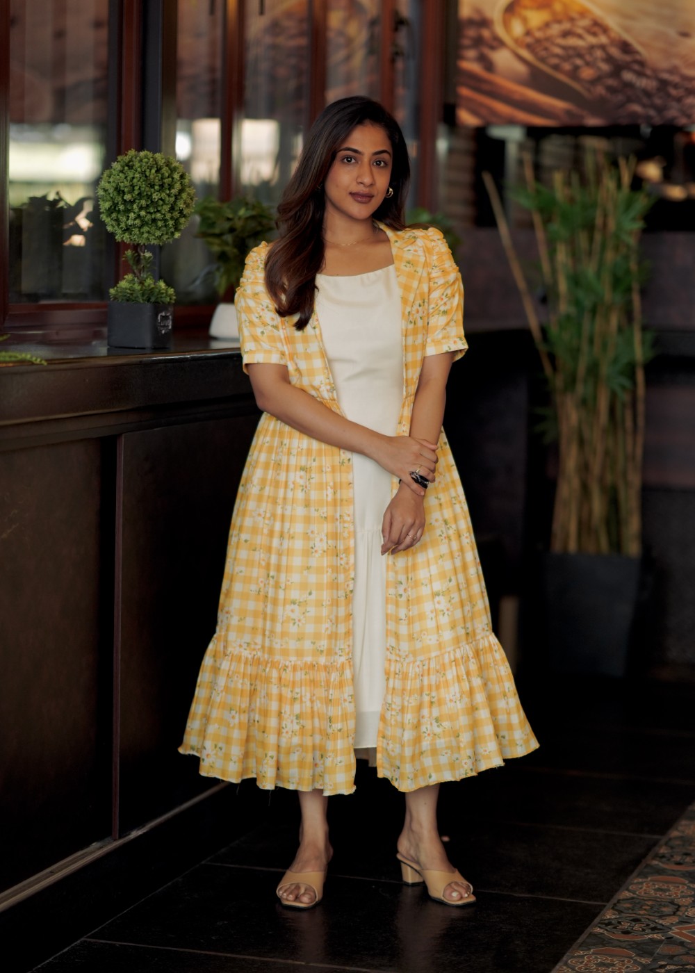 Women's yellow & cream linen long shrug dress