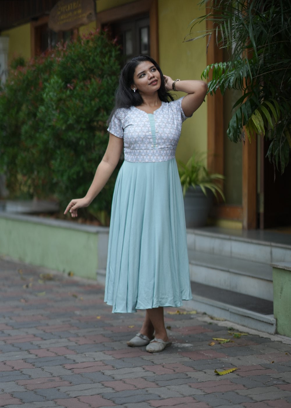 Women's lite blue & white, grey dress