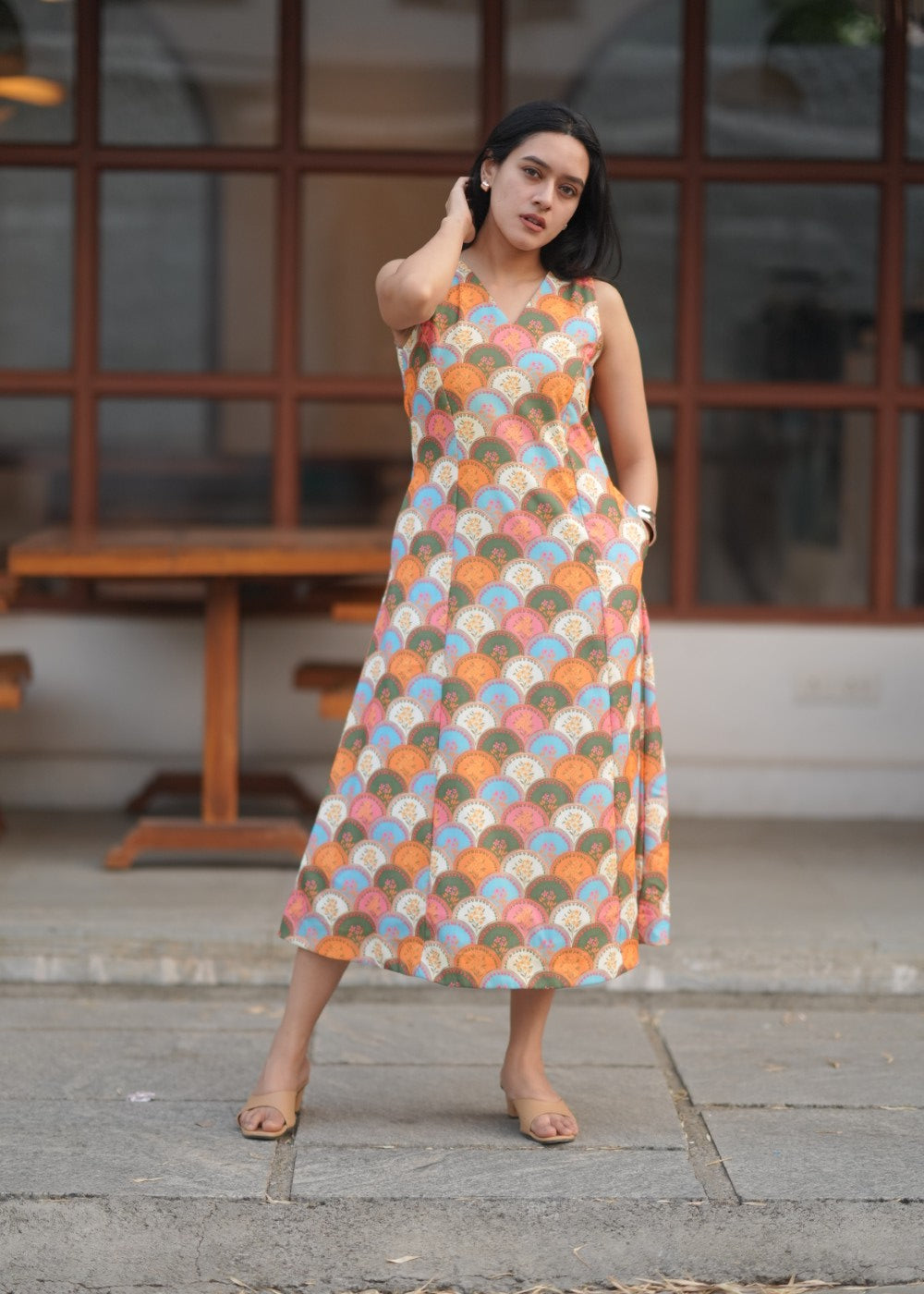 Women's multicolour floral sleeveless jute mix dress